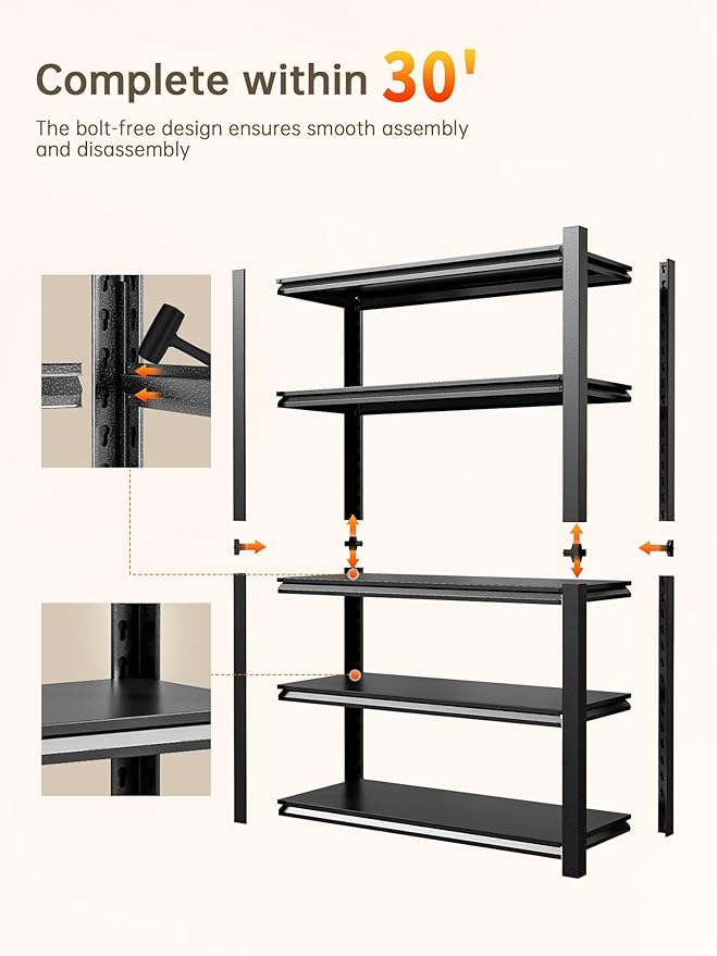 JHYKHG 63" H Storage Shelves,5-Tier Heavy Duty Garage Shelving,Adjustable Shelving Unit,Metal Shelf,Boltless Assembly Rack for Warehouse,Shed,2,500 lb Load,16 x 32 x 63 Inches,Black