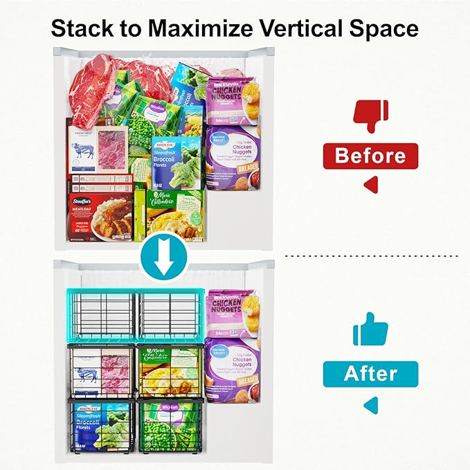 iSPECLE Deep Freezer Organizer Bins - 4 Pack Large Freezer Organizer for 5 to 7 Cu.Ft Chest Freezer, Stackable Easy Access Food No More Digging, Sturdy Metal Wire Basket Not Scratch Bottom, Black