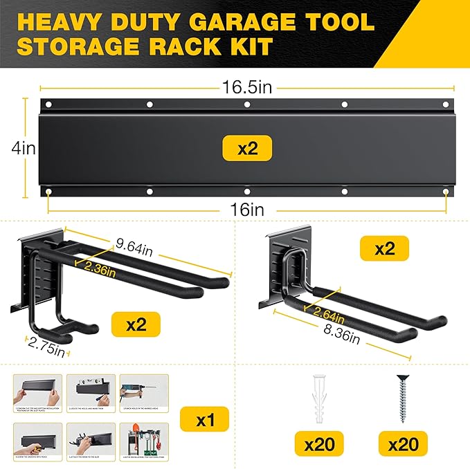 Garage Tool Organizer Wall Mount with 32 inches Rails and Adjustable Heavy-Duty Hooks, Garden Tool Organizer, Carries 300 lbs, Heavy Duty Garage Storage Rack For Yard, Shed, Workshop, Easy to Install