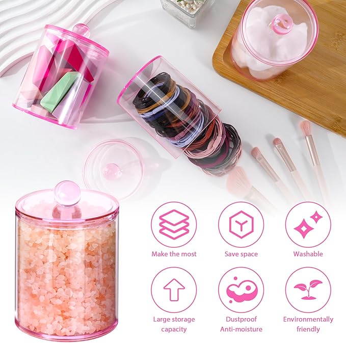 4 Pack Qtip Holder,Canister Apothecary Jar Set, Bathroom Jars with Lids Set for Cotton Swabs, Balls, Pads, Floss Picks,10oz-12oz Plastic Canisters Restroom Bedroom Vanity Organizer(Pink)