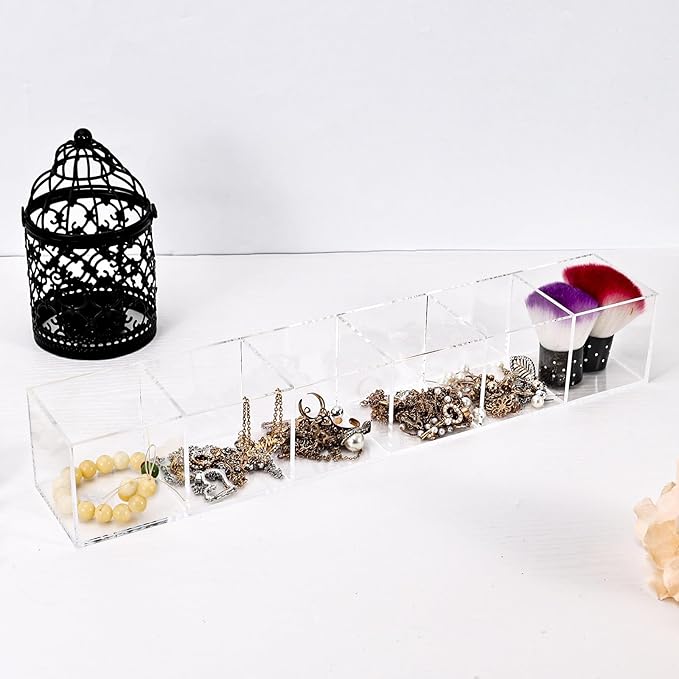 dedoot Clear Drawer Organizer, 6 Compartments Acrylic Organizer Durable Plastic Square Cube Storage Bin for Makeup, Jewelry, Pen, Small Items, 15x2.5x2.6inches,2 Pack