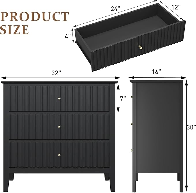 RoyalCraft Black Fluted 3 Drawer Dresser, 32 inch Wide Dresser Nightstand for Bedroom, Modern Wood Chest of Drawers, Large Painted Nightstand with 3 Drawers for Closet, Hallway, Entryway