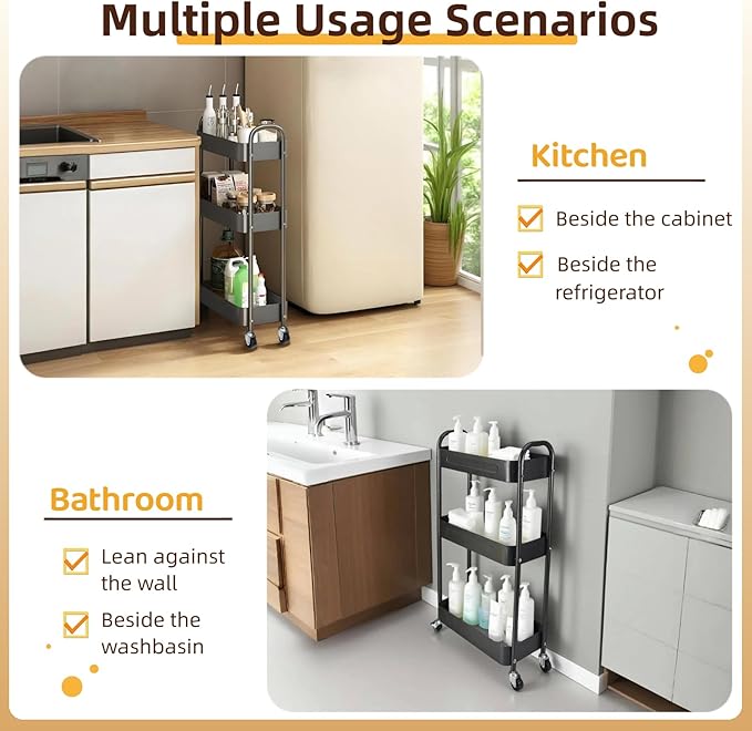 3 Tier Slim Metal Rolling Storage Cart for Laundry Room & Kitchen Organizer, 7.1'' Thin Standing Shelf for Narrow Spaces, Utility Cart with Wheels & Lockable Casters for Bathroom, Black