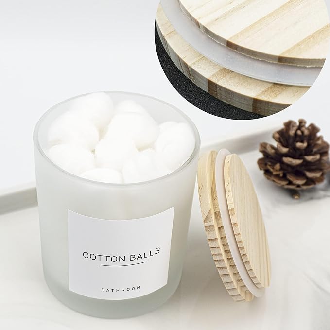 3PCS Modern 13.53oz Transparent Bathroom Canisters with 12 Labels & Wooden Lid Thick Glass Jar Set Qtip Holder for Cotton Ball & Pads Storage Organization Minimalist Decor
