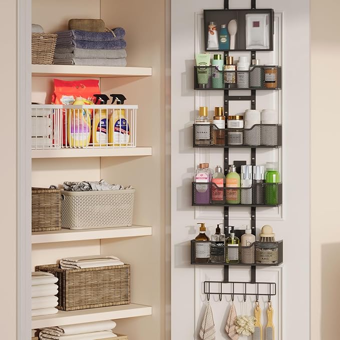 Adjustable Over the Door Pantry Organizer, 5-Tier Metal Pantry Door Organization and Storage, Hanging Door Spice Rack for Home Office Laundry Room Bathroom & Kitchen