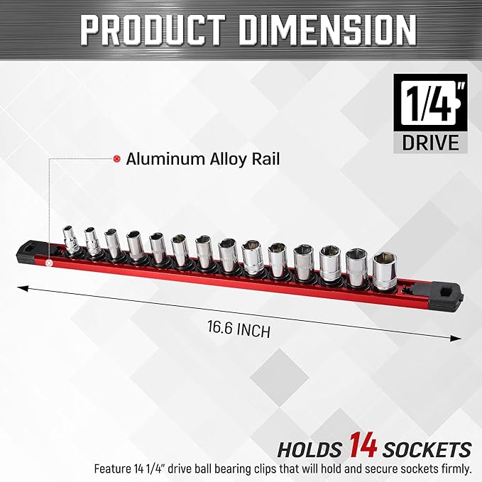 ALOANES Magnetic Socket Organizer 3/8-Inch Drive, Socket Rail Organizer Heavy Duty Aluminum, 360° Swivel Clips Socket Holder Kit, 3/8-Inch Socket Holder x 14 Clips (Red)