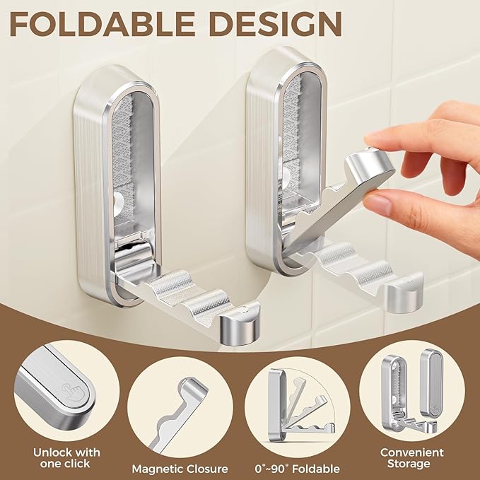 4-Pack Heavy Duty Zinc Alloy Folding Wall Hooks for Bathroom, Kitchen, Entryway, Closet - Space-Saving Design Holds Coats, Towels, Backpacks, Hats, Keys (Silver)