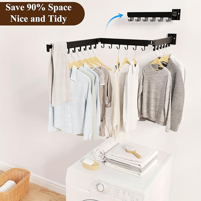 SVELTHOME Clothes Drying Rack Wall Mounted, Foldable Laundry Drying Rack,Retractable Tri-Fold Space Saver for Laundry Room Bathroom (Black)