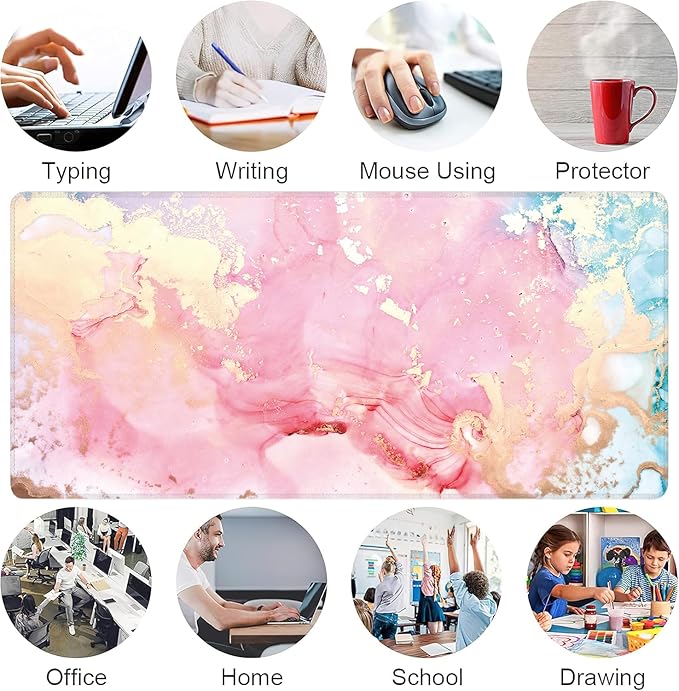 Cute Pink Marble Large Mouse Pad,Gaming Keyboard Desk Pad,Extended Mouse Mat Non-Slip Rubber Base with Stitched Edges for Office Game Home XXL 35.4"x15.7"