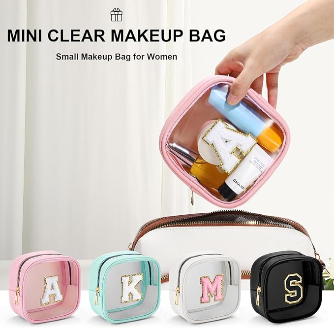 YOOLIFE Initial Make Up Bag Travel Toiletry Bag, Clear Makeup Bag Preppy Cosmetic Bags Organizer Travel Essentials Gifts for Women Teen Girlfriend Teacher Mom Birthday Mothers Day Gifts White M