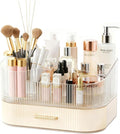 Makeup Organizer for Vanity with Stackable Drawers, 360 Rotating Makeup Brush Holder Large Cosmetic Display Case for Dresser, Bathroom Countertop Skincare Organizers and Storage