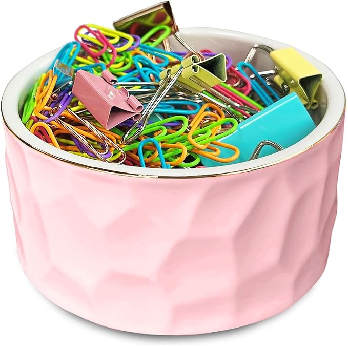 Paper Clip Holder Ceramic Paper Clip Holders Paperclips Holder Dispenser Cute Paper Clip Organizer for Desk Binder Clip Holder Bobby Pin Hair Clip Holder Gift for Office (Geo-Pink)