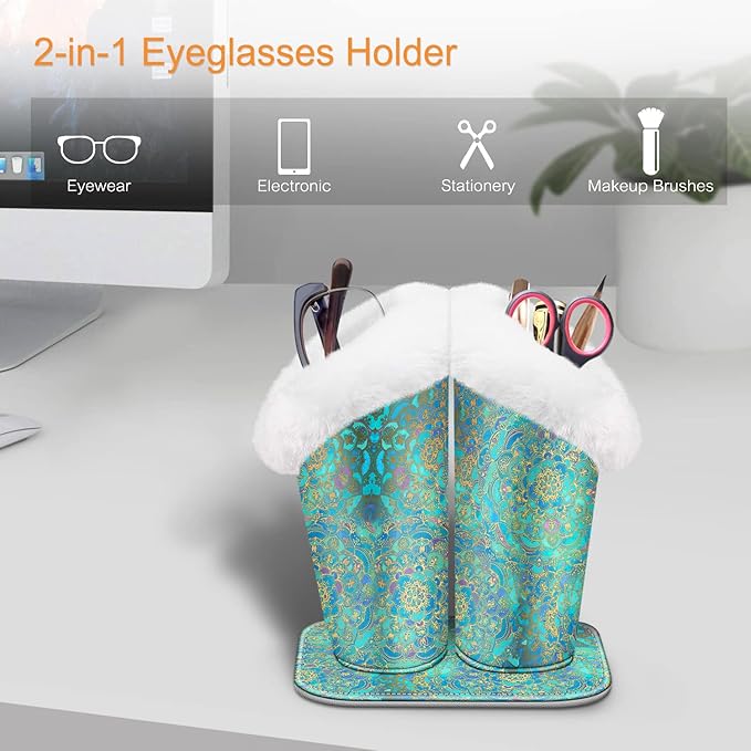 Fintie Plush Lined Double Eyeglasses Holder with Magnetic Base, Glasses Stand Case Organizer for Desk, Nightstand, Office, Shades of Blue