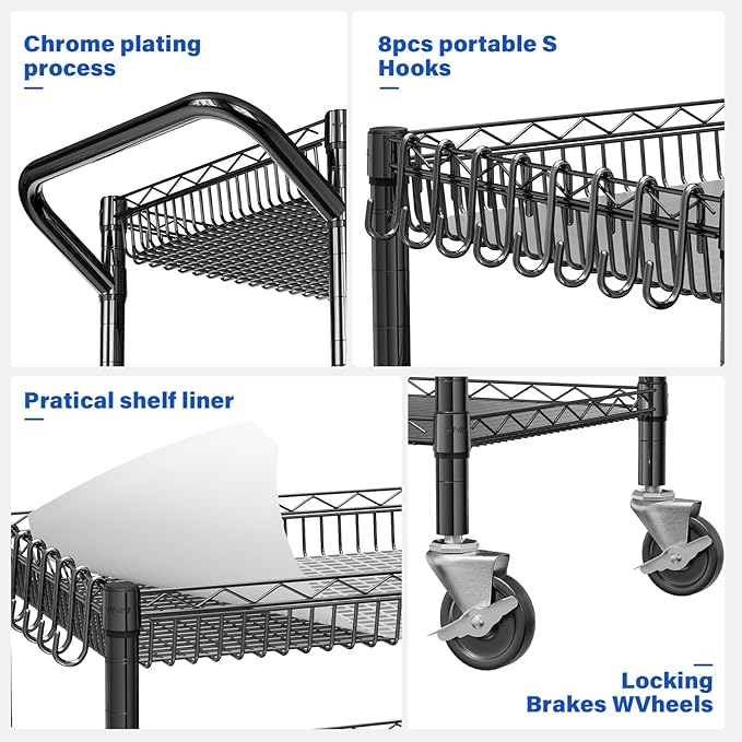 YNN Black Utility Rolling Cart,990Lbs 3 Tier Heavy Duty Metal Cart with Wheels & Handle NSF Wheeled Cart 31" D x 18" W x 33" H for Bedroom, Bathroom, Kitchen,Garden,Decor,Serving