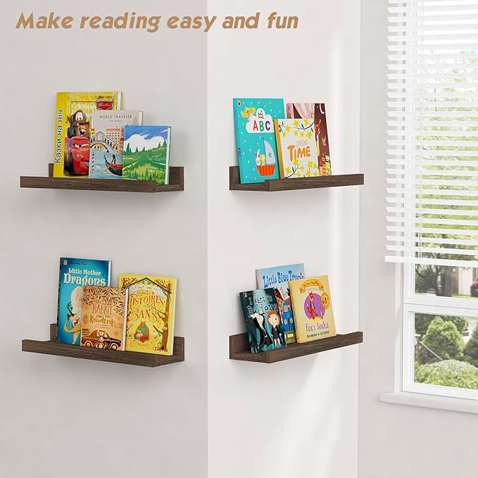 Forbena Wooden Floating Shelves with Lip for Wall, Dark Brown Picture Ledge Shelf for Books Photo Framses, Rustic Farmhouse Hanging Wall Shelves for Bedroom Office Kitchen (Set of 4, Solid Wood)