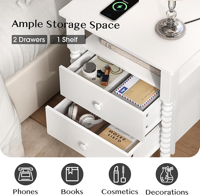 3 Piece Bedroom Set, Vintage 6 Drawer Dresser and Nightstand Sets for Bedroom, Night Stand Set 2 & Kids Dresser with Solid Wood Legs, Chest of Drawers Storage Cabinet Set, White