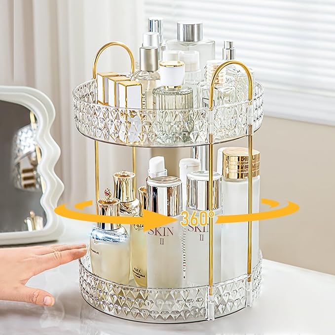 Rotating Makeup Organizer for Vanity, 2 Tier Perfume Skincare Storage for Women, Bathroom Counter Organizer, 360 Spinning Cosmetic Holder for Dresser Countertop, Clear