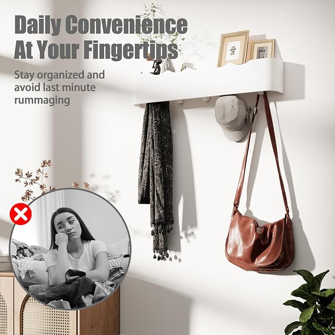 Coat Rack Wall Mount with Shelf 4 Hidden Hooks Modern Wooden Key Holder Entryway Organizer for Hallway Bedroom Bathroom Home Decor Storage for Hanging Coats Hats Bags Towels, Wave-Shape White
