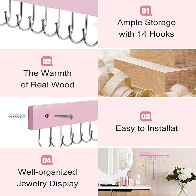 Wall Mounted Necklace Holder, Morden Style Necklace Holder, Tangle Free Wall Jewelry Organizer with 28 Hooks(2 Packs,Pink)