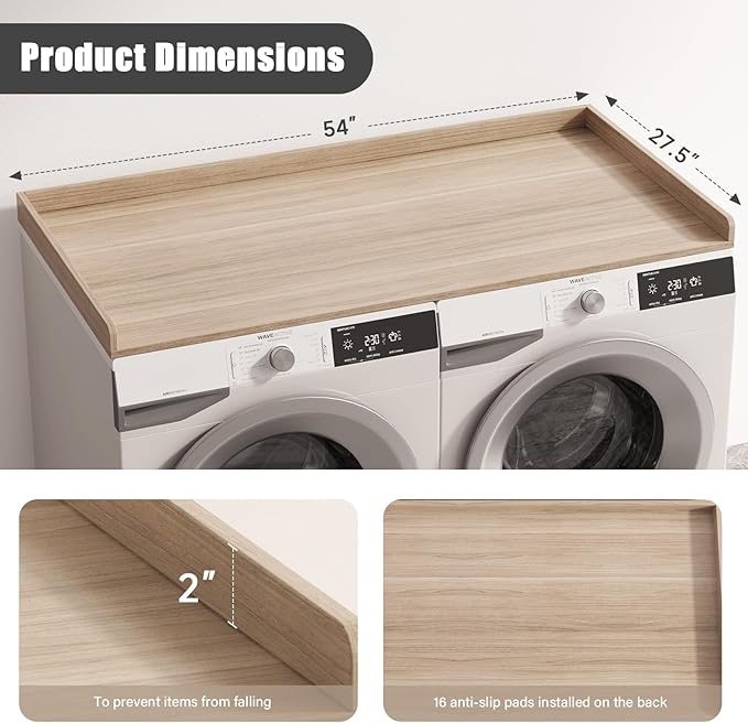 Washer Dryer Countertop, Laundry Countertop with Edge Rails - 27.5" x 54" Melamine Finish for Laundry Room Organization (Eucalyptus)