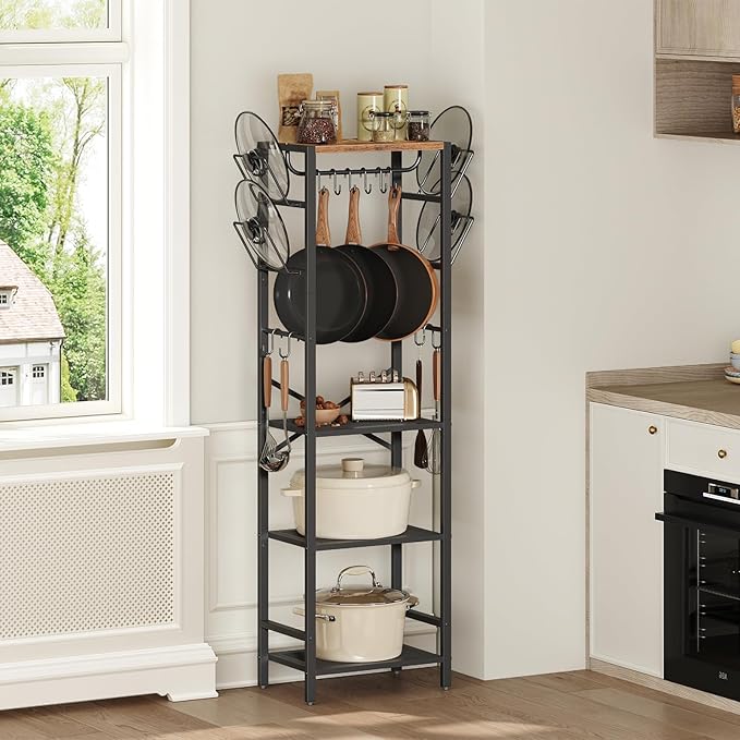4-Tier Pot Rack, Pots and Pans Organizerand for Kitchen, Lid Organizer Rack with U-Shaped Lid Holders, Kitchen Storage Shelf for Standing Cookware, Rustic Brown and Black POHR3001