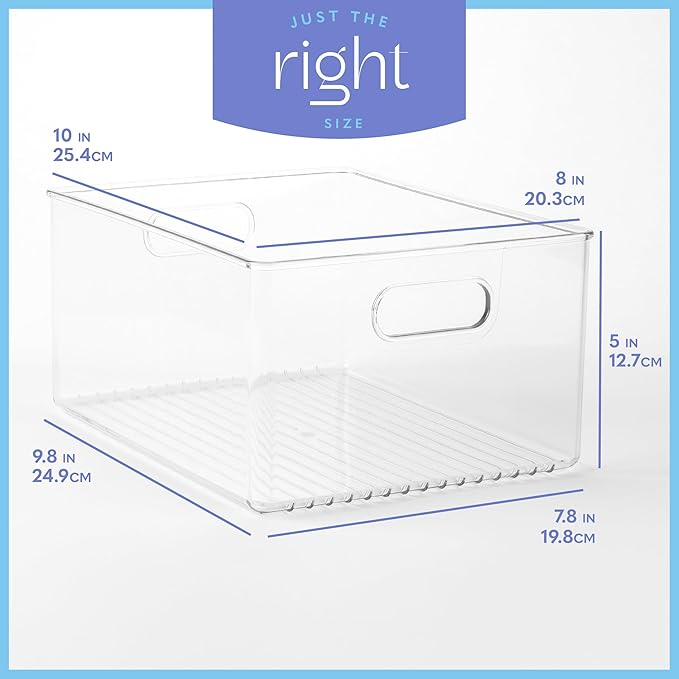 primebox Plastic Food Storage 6 Pack Clear Container Bin with Handles for Organizing Kitchen, Pantry, Refrigerator, Freezer, Pantry, Cabinet, Closet, Bathroom 10”x8”x5”