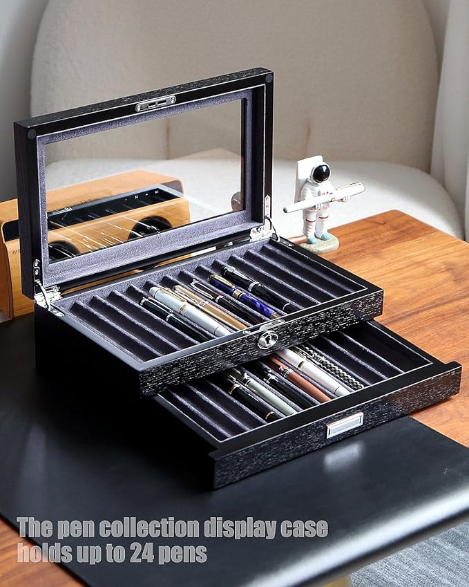 Wood Pen Display case 24 Slot Fountain Pen Box Storage Organizer with Drawer, Top Glass Window Pen Collection Display Case