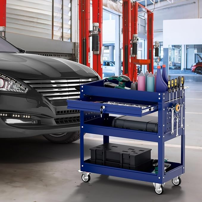 3 Tier Tool Cart on Wheels with Drawers - Three Tier Rolling Cart with Lockable Storage - Mechanic Tool Chest - Tool Chest with Wheels Used in Garage, Indoors, Workshop (Blue)