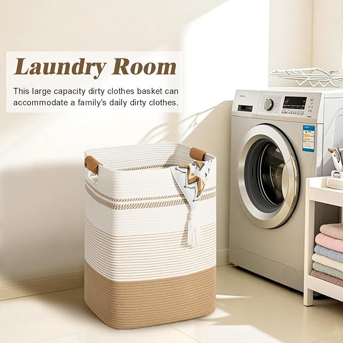 Laundry Hamper, 95L Tall Laundry Basket with Leather Handles, Rectangle Large Clothes Hamper for Organizing, Cotton Woven Laundry Baskets Storage Hampers for Bedroom, Nursery, Living Room
