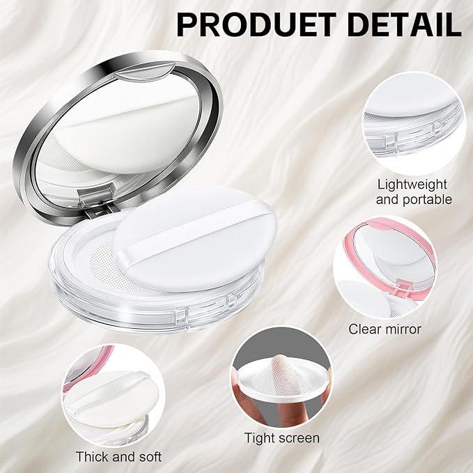 Tokusatsu 2-Pack Refillable Loose Powder Container with Puff & Mirror - 0.17 oz Travel Portable Empty Makeup Compact with Mesh for Women Girls (Pink, Silver)