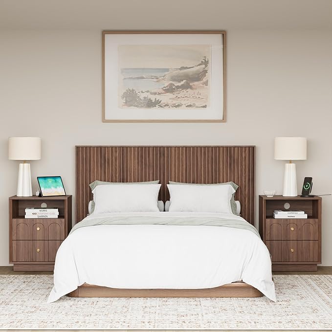 Nightstand Set of 2 with Charging Station, Mid Century Modern Nightstand with Arched Design,Minimalist End Table with Wood Grain Texture, Bedside Table for Bedroom Living Room, Walnut