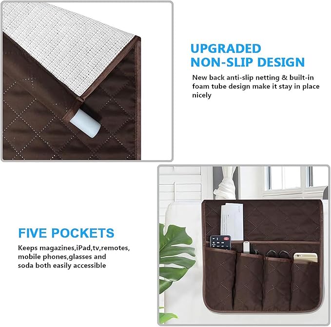 Sofa Armrest Organizer Non-Slip Arm Chair Bedside Storage Caddy Organizer Armchair Caddy for Recliner Couch Remote Holder with 5 Pockets for Cell Phone TV Remote Control Magazines (Coffee)