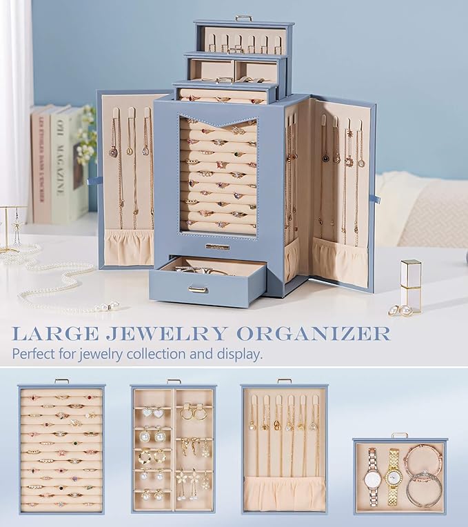 Homde Jewelry Organizer with Transparent Window Necklace Hooks Gift for Women Jewelry Box Display Case for Necklaces Rings Earrings Bracelets and Other Accessories (Grey Blue)