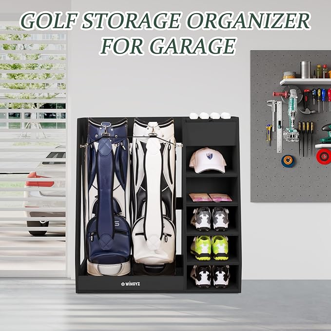 wingyz Wooden Golf Storage Organizer for Garage Fits 2 Bags for Any Level Golfer Great Gift, Golf Bag Rack Club Holder with 12-Ball Display Rack and 5 Shelves for Equipment Accessories