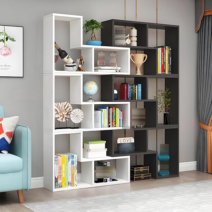 Expandable Bookcase with Adjustable Width,Wooden Room Divider Bookshelf,Standing Display Storage Organizer for Living Room,Study Room or Home Office