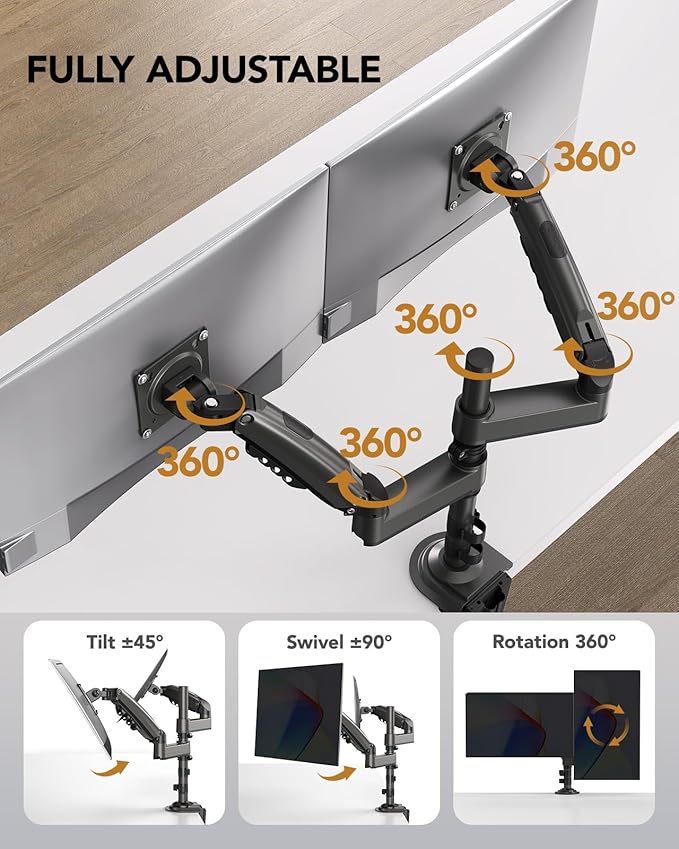 HUANUO Dual Monitor Arm for 13-32 inch Screens,Holds 19.8lb,Adjustable Monitor Stand with Clamp and Grommet Base,Vesa 75x75mm/100x100mm Compatibility (Black)