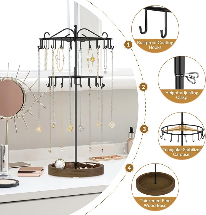 iDavosic.ly 2 Tier Rotating Necklace Holder Organizer with Wooden Jewelry Tray, Adjustable Metal Bracelet Display Stand with 42 Hooks, Extra Tall Keychain Spinning Tree Tower for Women, Black
