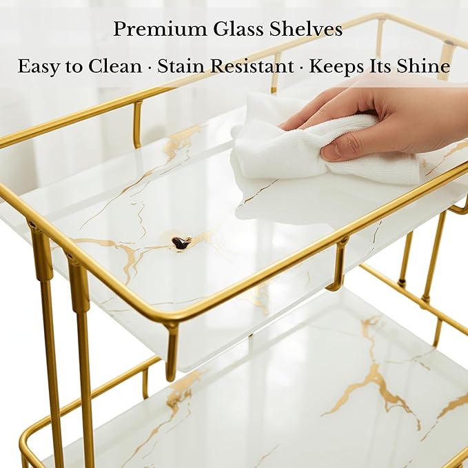 2-Tier White Marble Bathroom Countertop Organizer – Glass Shelves & Gold Metal Frame, Elegant Vanity Storage Shelf for Perfume, Skincare, Makeup & Toiletries