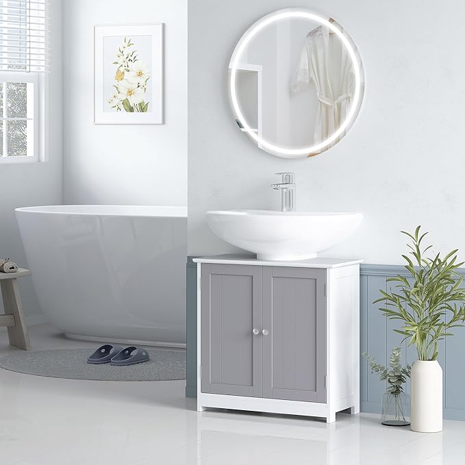 kleankin 23.5" Pedestal Sink Storage Cabinet, Freestanding Bathroom Under Sink Cabinet with U-Shape Cut-Out and Adjustable Shelf, White and Gray