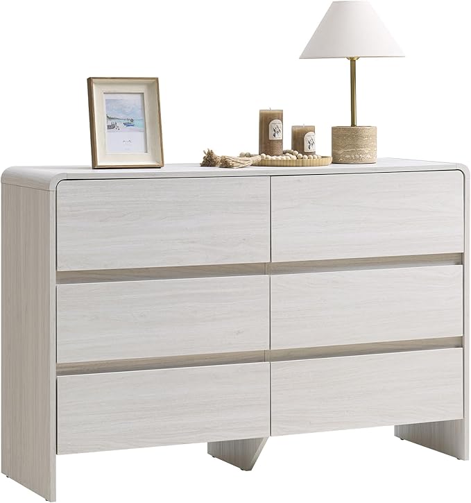 AMERLIFE 6 Drawer Dresser for Bedroom, 49" Long Modern Chest of Storage Drawers with Rounded Corners, Anti-Tip Kit, Wood Cabinet Organizer for Closet, Living Room, Nursery, Easy Assembly, White