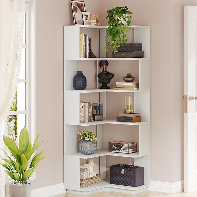 Tribesigns 6-Tier Corner Bookshelf, 64.96 Inch Tall Bookcase with Anti-Drop Panel, Modern Freestanding Corner Shelf Display Rack Storage Organizer for Home Office, Living Room, Silver Gray