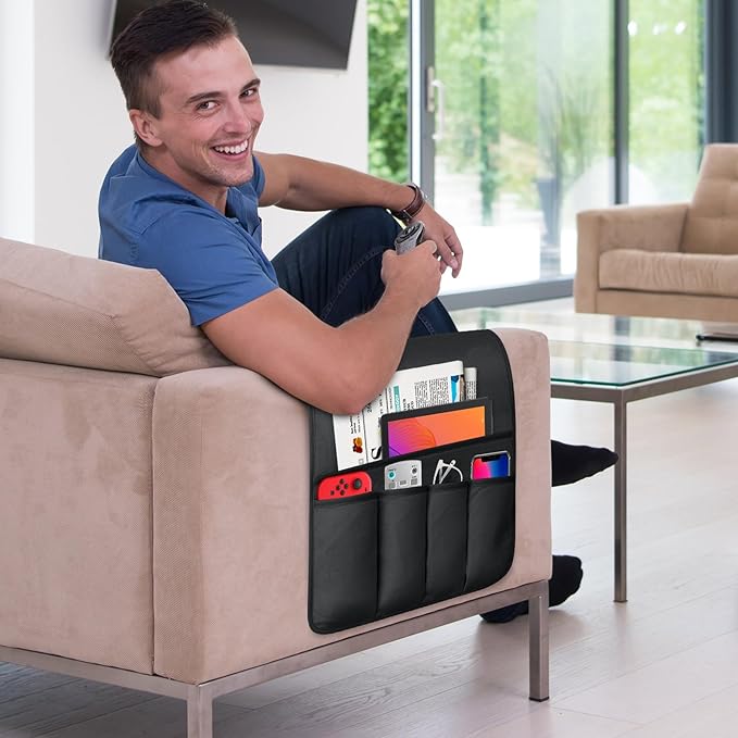 TV Remote Control Holder Couch Caddy, Non-slip Bedside Caddy Organizer with 5 Pockets for Key Glasses Phone Magazine Holders (Black, 35"x12.4")