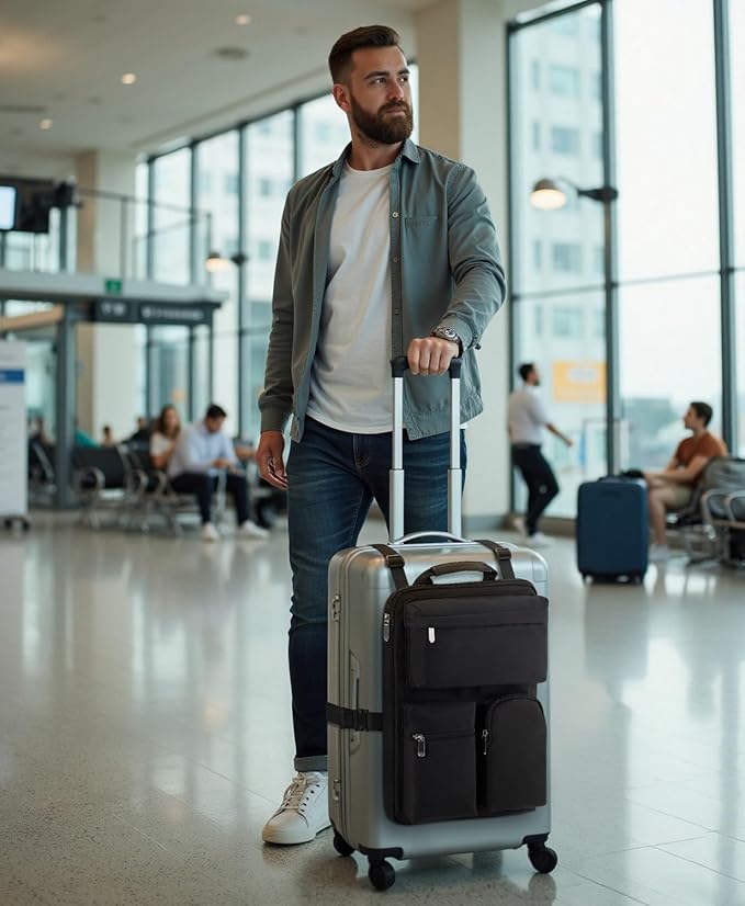 Over Luggage Organizer Bag for Suitcase with Multi Pockets, 16” Laptop Bag with Handle, Portable Travel Organizer Bags for Luggage with Adjustable Straps, Tote Carry Bag for Men Women(Black)