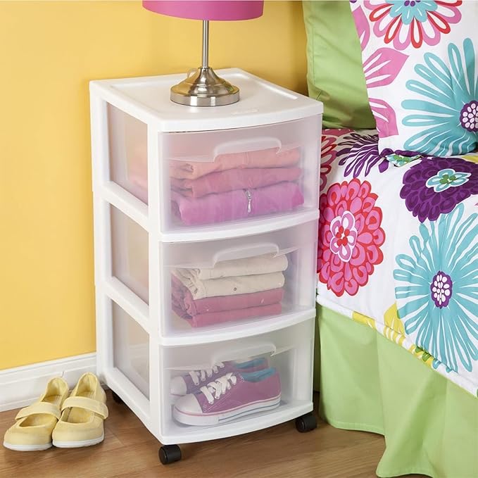 3 Drawer Rolling Plastic Storage Cart with Large Durable Clear Drawers and Removable Wheels, Suitable for Bedroom, Dormitory, Closet, Kitchen and Office (WHITE)