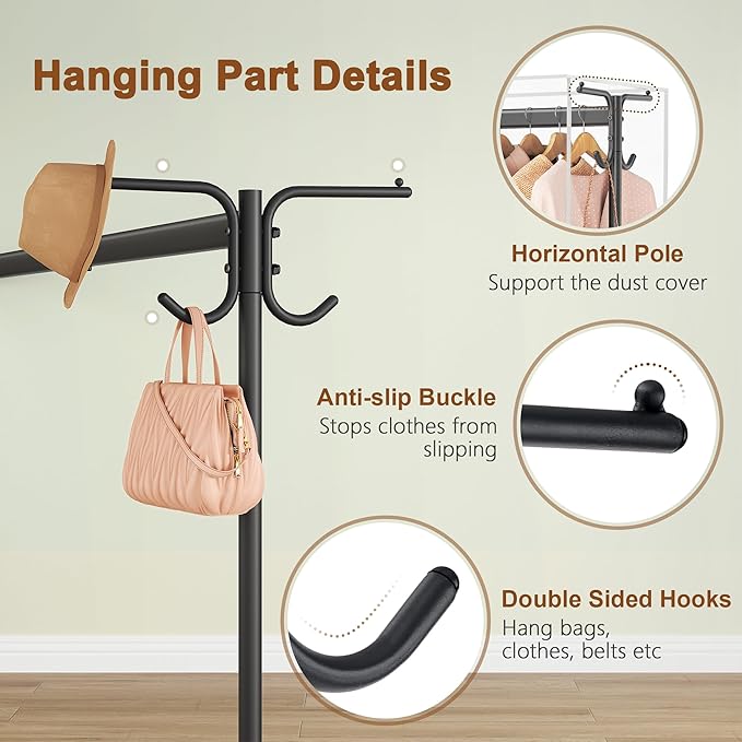 Hoctieon Z Clothes Rack with Cover, Metal Heavy Duty Clothing Rack, Rolling Garment Rack with Wheels, with Dustproof Cover Waterproof Protector, with 2 Durable Zippers, for Hanging Clothes, Black