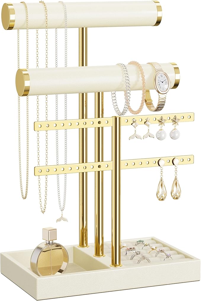 3 Tier Bracelet Holder Display - Beige Leather Bracelet Holder, Detachable T Bar Jewelry Holder Organizer for Bracelet, Necklace, Earrings, Rings, Watches, Bangle
