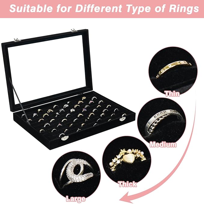 Ring Organizer for Jewelry, Ring Holder Box with Clear Lid, Dustproof Velvet Rings Display Tray Storage Case, 100 Slot Glass Top Jewelry Tray Drawer Insert for Multiple Rings Studs Earring (Black)