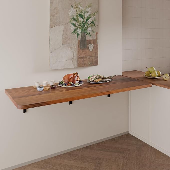 IAE Floating Wall Mounted Folding Table Desk with Pine Wood,55" x 22" Foldable Workbench,Fold Down Wall Mounted Foldable Desk with Shelf Brackets,Laundry Folding Table for Home,Dining,Kitchen,Teak