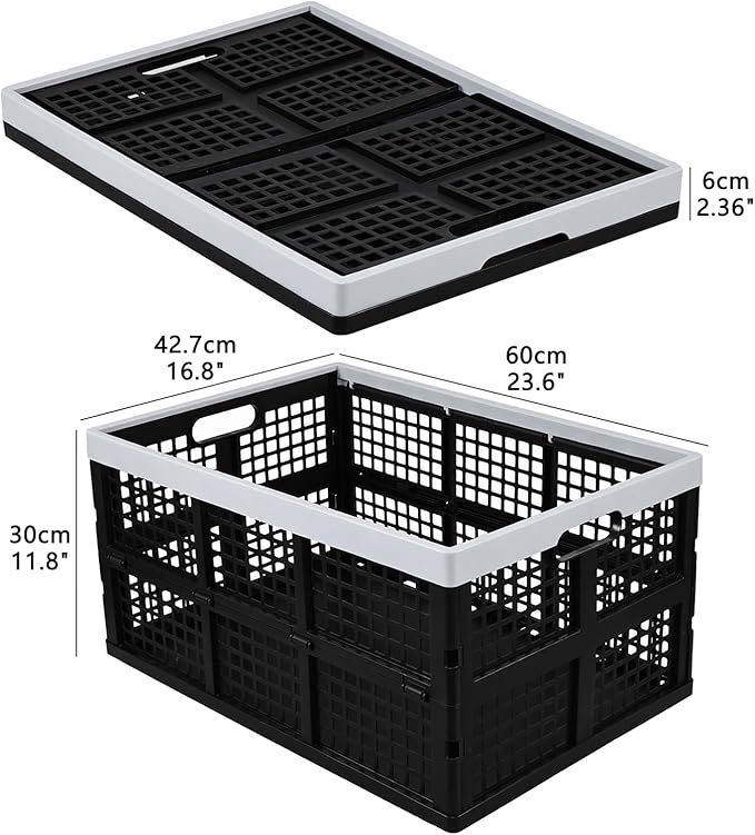 3-Pack Large Plastic Folding Storage Crates, 66 L Collapsible Storage Crates, Black