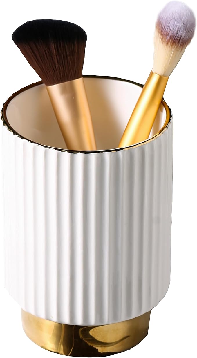 IEEK Makeup Brush holder Organizer,Glass Cosmetic Makeup Brush Cup Ceramics Brushes Storage Holder,White and Gold Modern Make Up Brush Cup Pen Pencil Holder Striped Vase